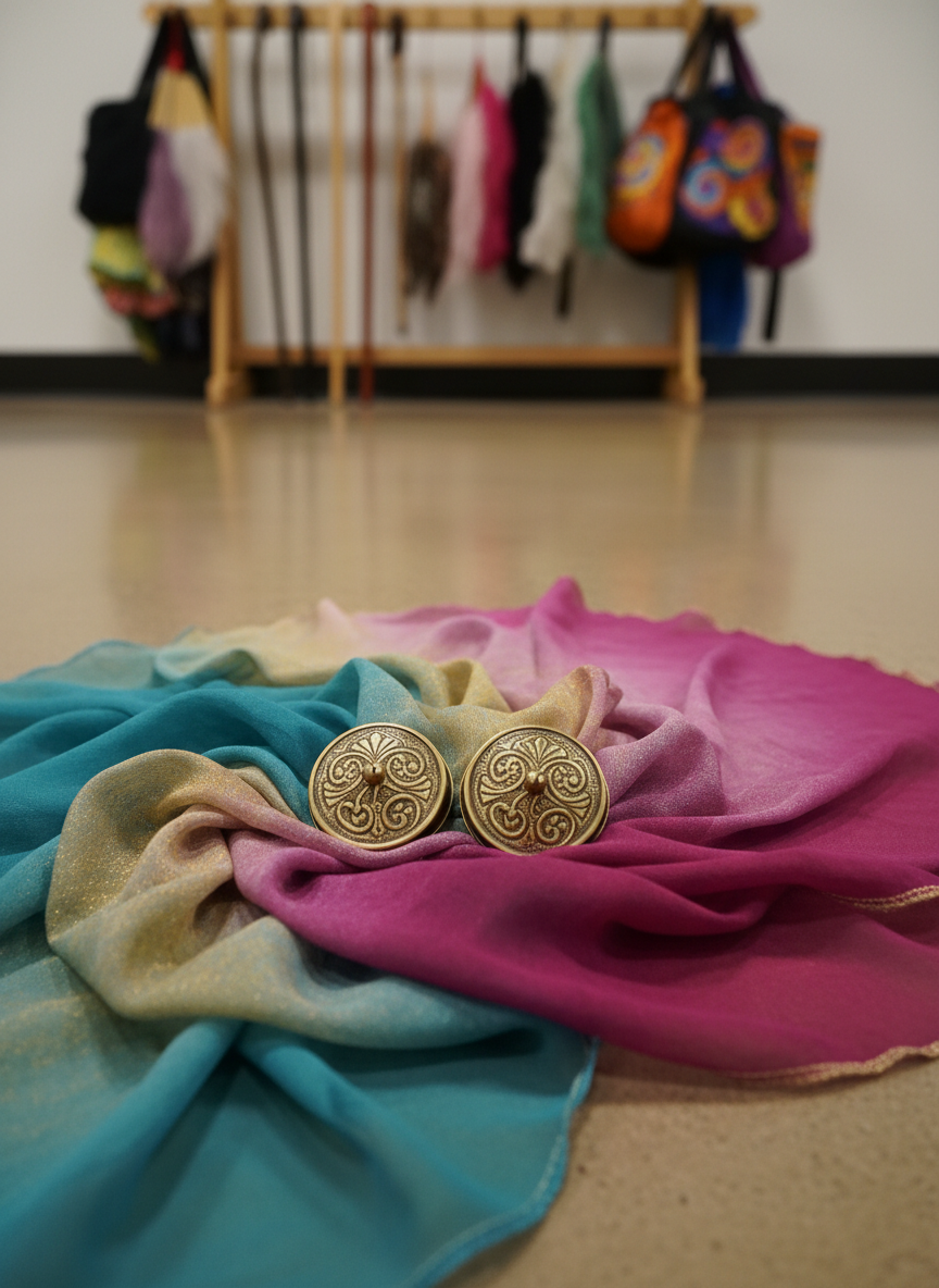 A pair of ornate brass finger cymbals resting on top of a folded practice veil spread across a smooth, neutral-toned studio floor. The veil is sheer chiffon in swirling shades of teal, magenta, and gold, its edges slightly frayed from use, hinting at many joyful rehearsals. In the background, blurred but recognizable, stands a simple wooden prop rack holding canes, fans, and colorful costume bags. Soft studio lighting from above and slightly to the side creates gentle highlights on the polished metal and semi-transparent fabric, casting delicate layered shadows. Photographic realism with a calm, focused mood, captured from a slightly elevated angle with shallow depth of field to emphasize the tactile details and intimate, companion-like feeling of trusted dance tools.