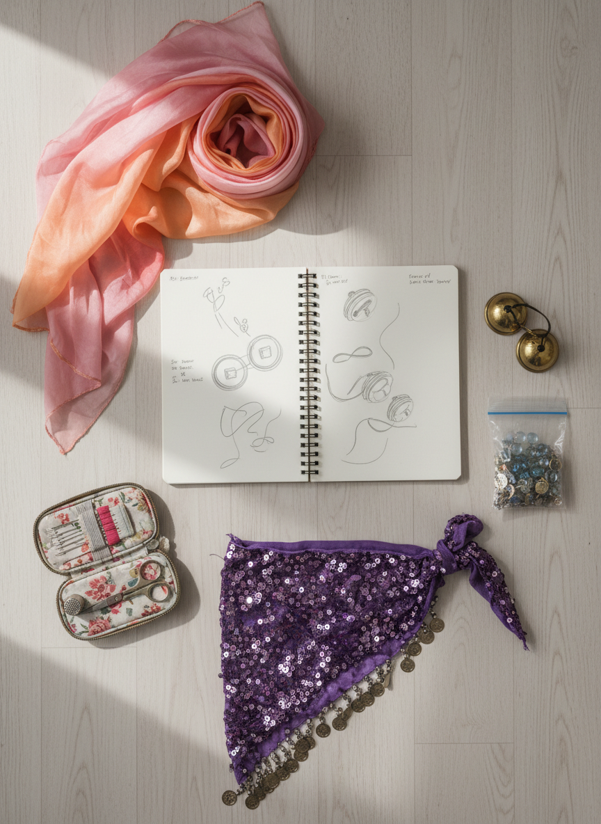 An overhead photographic view of a neatly arranged belly dance student essentials flat lay on a pale wooden floor. At the center, a well-worn practice notebook with doodled zills and choreography notes is surrounded by a rolled silk veil in ombré pink-to-orange, a pair of shiny brass finger cymbals, a sparkling purple hip scarf, a compact sewing kit with colorful threads, and a small mesh bag of spare beads and coins. Soft diffused daylight from the side produces gentle, even illumination with subtle shadows that define each object. The composition uses rule of thirds and plenty of negative space, creating a playful yet organized atmosphere that feels like a friendly prep station before class, in clean photographic realism.