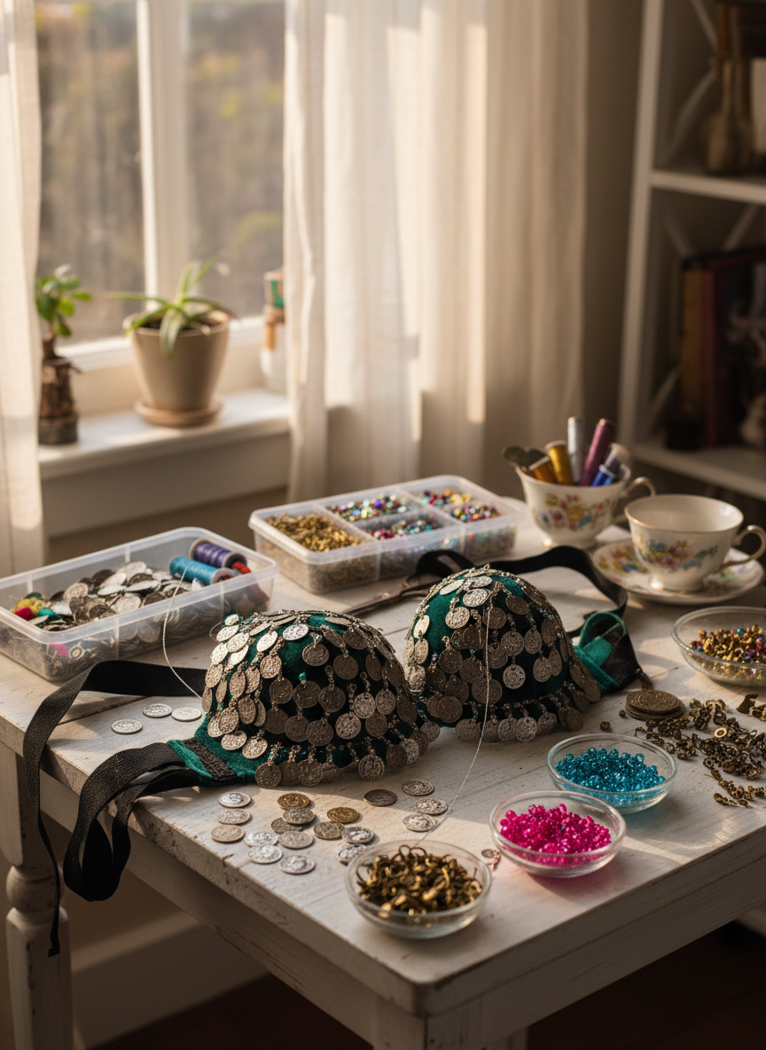 A whimsical costume repair corner set up on a small white table beside a window, filled with belly dance bits and bobs. A half-mended coin bra lies in the center, its emerald-green fabric studded with silver coins and crystals, a needle threaded with metallic thread still looped through one strap. Around it, clear organizers brim with spare coins, rhinestones, hooks, and colorful beads. Late afternoon natural light filters through sheer curtains, scattering soft patterns across the table and making the embellishments sparkle. Photographic realism with a playful, crafty atmosphere, captured at an eye-level angle for an inviting, lived-in feel, with a moderately shallow depth of field that keeps the main costume in focus while softly blurring the storage boxes at the edges.