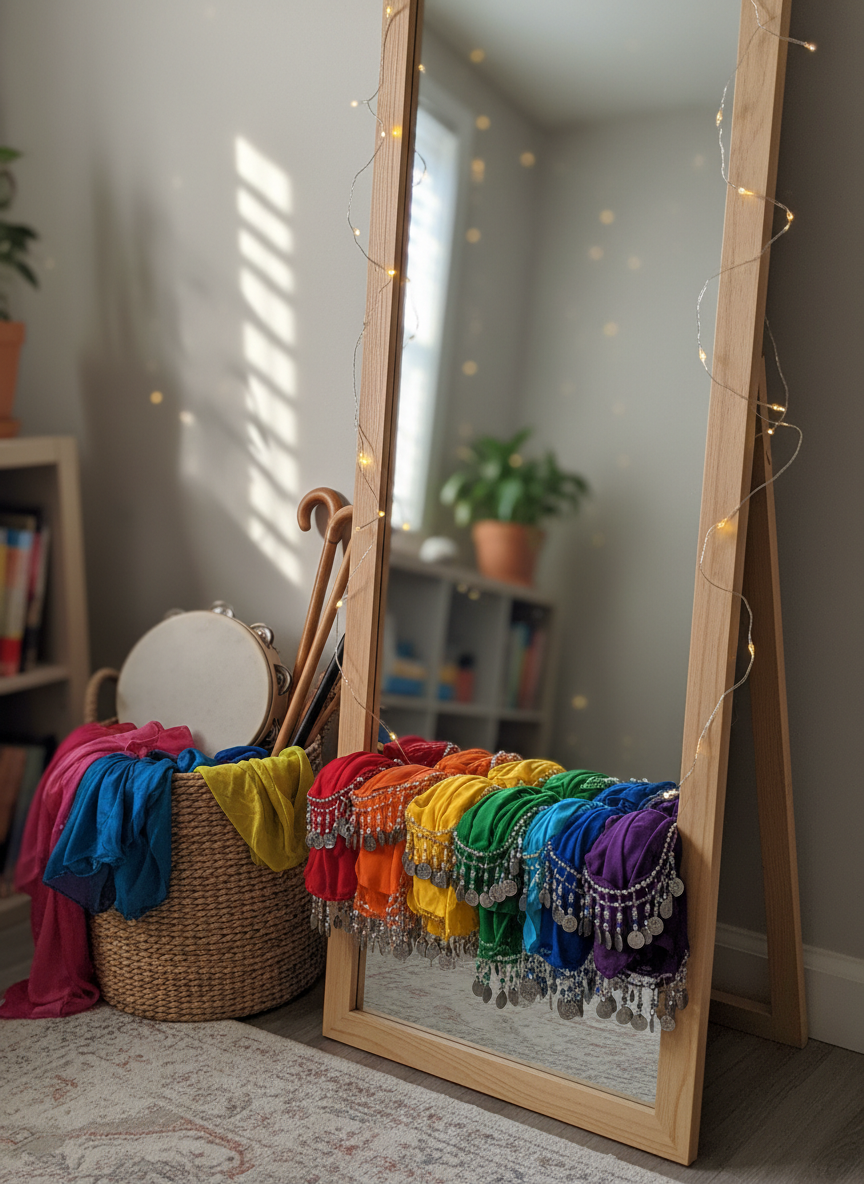 A cozy at-home belly dance practice nook featuring a full-length mirror framed in simple light wood, its base lined with a row of rolled hip scarves in rainbow colors, each covered in tiny coins and beads. A low basket holds folded veils, canes, and a small tambourine with jingling metal discs. The mirror reflects a clean, uncluttered corner of the room with fairy lights strung loosely along the wall, casting a warm, golden glow. Natural afternoon light mingles with the fairy lights, creating a softly luminous, playful atmosphere. Photographic realism, captured from a three-quarter angle to include both the mirror and the props, with a moderate depth of field to retain clarity while just slightly blurring the far background for a homey, inviting feel.