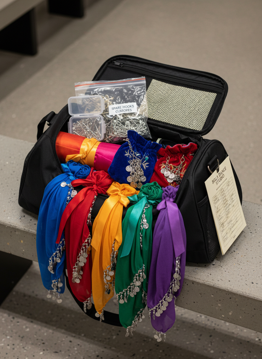 A tidy belly dance student “go bag” open on a textured grey bench in a locker-room-like setting, showing a curated collection of practice essentials. Inside the medium-sized black duffel, colorful hip scarves in jewel tones peek out alongside rolled veils secured with satin ribbons, a compact case of safety pins and sewing needles, soft cloth pouches of jewelry, and a labeled zipper bag of spare bra hooks and closures. A printed class schedule and choreography notes sit partially tucked in a side pocket. Overhead neutral studio lighting creates clean, even illumination with minimal shadow, emphasizing practicality while retaining a playful burst of color from the fabrics. Photographic realism, shot from a slightly elevated angle, with sharp focus throughout to showcase organization ideas for students.
