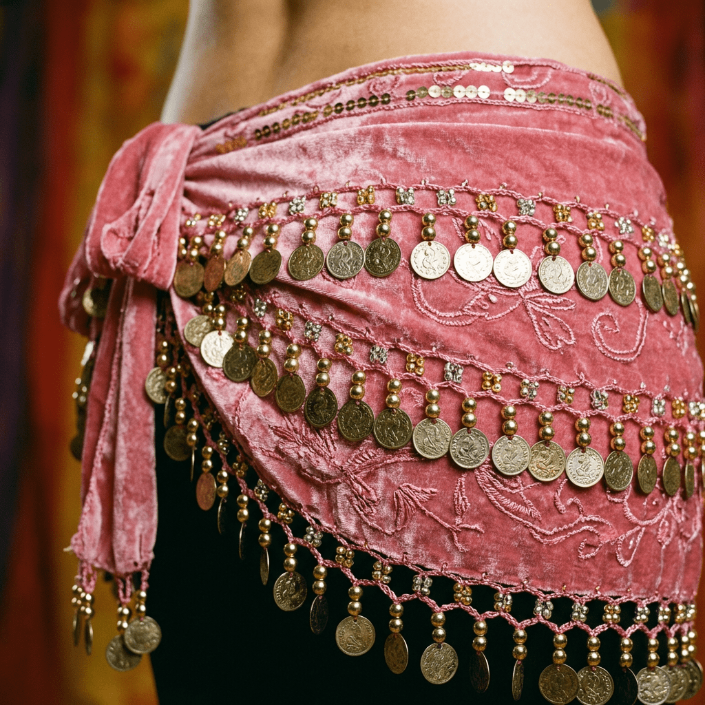 Pink velvet belly dance scarf with gold coins.